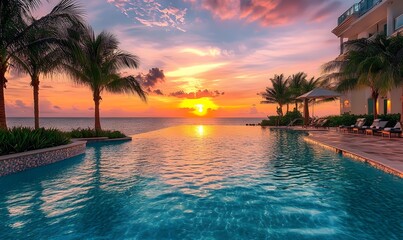 Stunning sunset over the ocean with an infinity pool and palm trees creating a tropical paradise