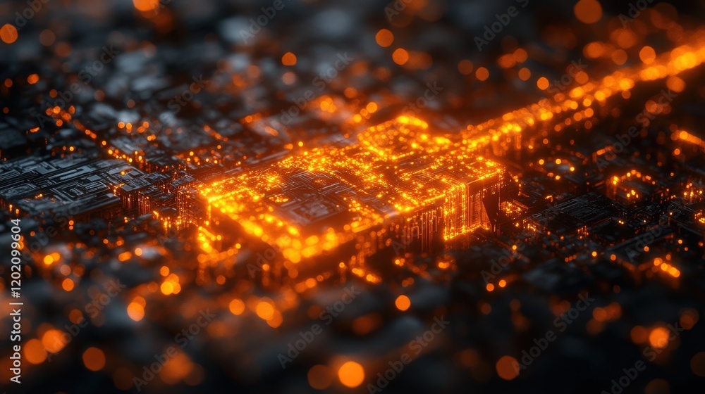 Poster futuristic digital circuit board with glowing orange lights creating a dynamic and cybernetic abstra
