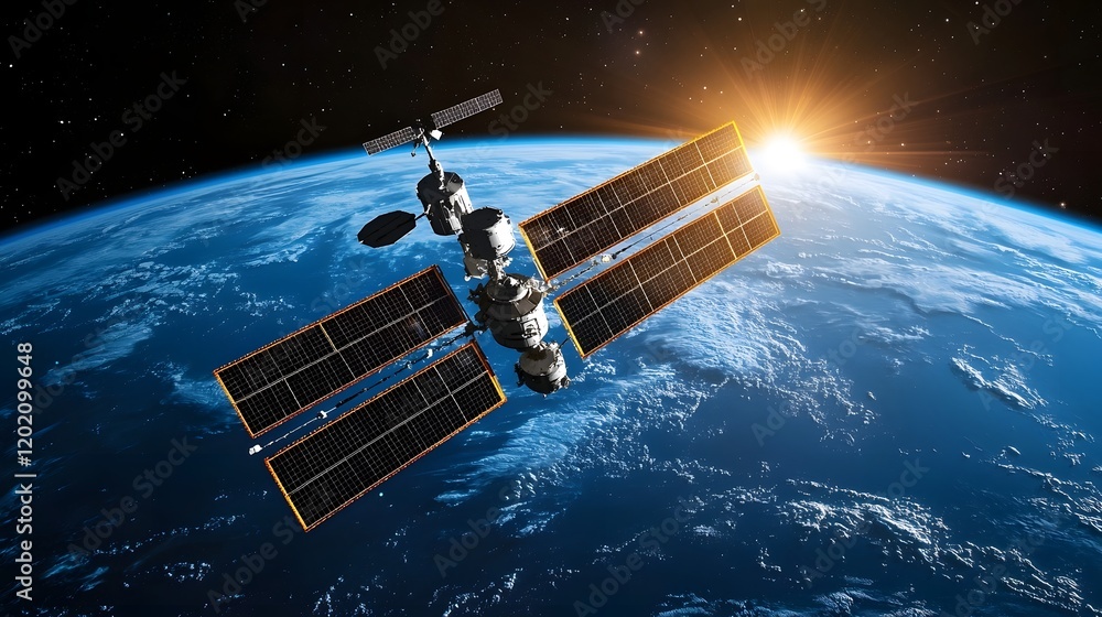 Poster futuristic solar powered space station equipped with advanced satellite communication technology des