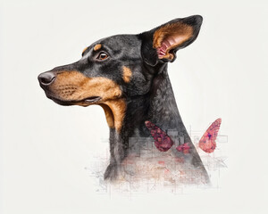 Elegant Doberman Pinscher portrait with ethereal butterfly overlay.