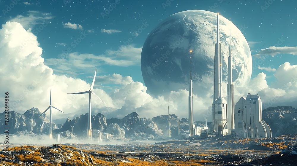 Poster futuristic wind farm integrated with satellite communication relaying real time global energy data a