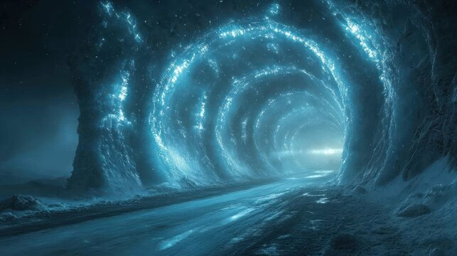 Snowy road leads to glowing ice tunnel