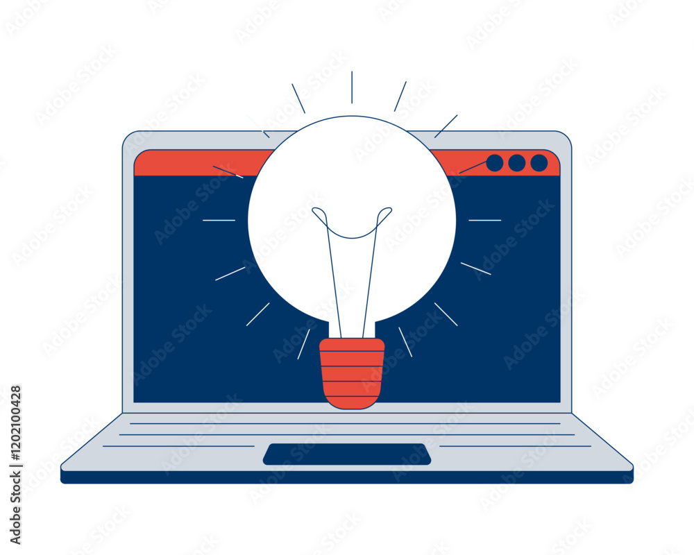 Poster lightbulb idea against open laptop screen 2d cartoon object. online solutions. bright light bulb on 