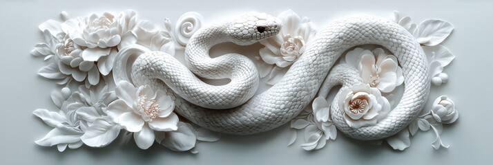 2025 Snake, Seollal, year of the Snake, Beautiful and Elegant white Snake, adorned with white flowers, for Korean LUNAR NEW YEAR, Chinese New Year	
