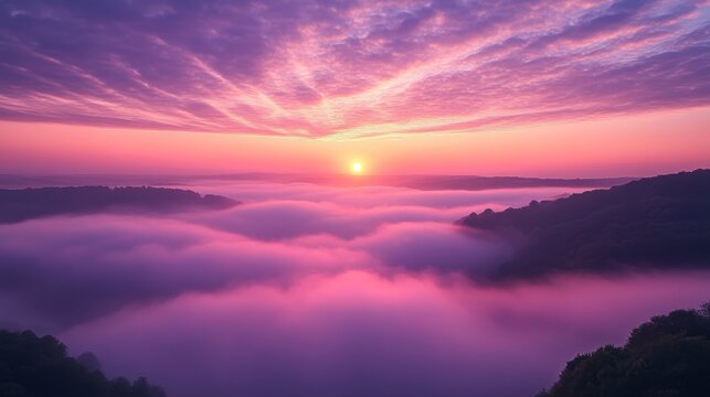 A breathtaking pink sunrise illuminates a misty valley creating a dreamlike, ethereal landscape with layers of clouds and mountains