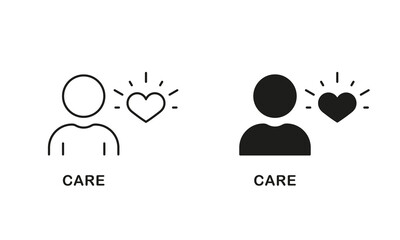 Charity Sign. Love People, Friendship, Family Support Pictogram. Take Care Line and Silhouette Icon Set. Person with Heart Shape Symbol. Editable Stroke. Isolated Vector Illustration