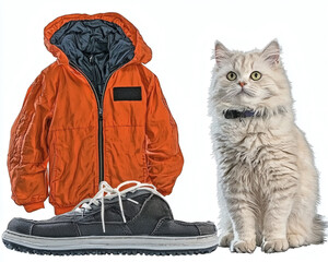 Orange jacket, gray shoe, fluffy cat.