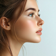 Fototapeta premium Profile of a young woman with glowing skin and subtle makeup.