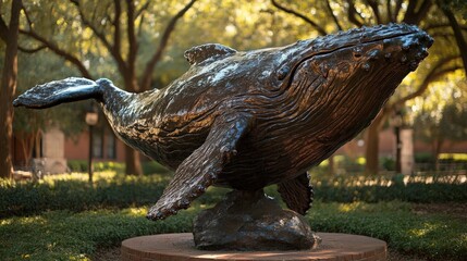 Majestic Bronze Sculpture of a Whale Capturing the Beauty of Ocean Life in a Serene Park Environment Surrounded by Lush Greenery and Scenic Paths
