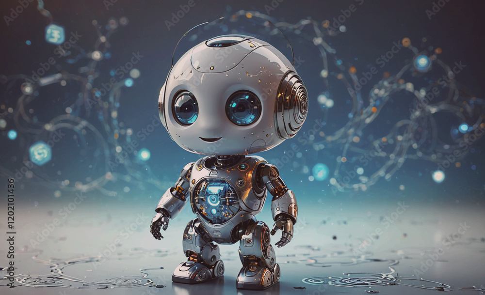 Aufkleber A robot with blue eyes stands in front of a blue background. The robot is smiling and he is happy