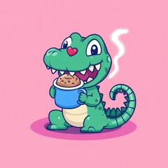 Naklejka premium Cute crocodile enjoying hot cocoa and cookie; pink background; kids book illustration