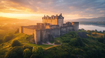 Obraz premium Sunrise over Scottish castle, misty valley. Travel postcard