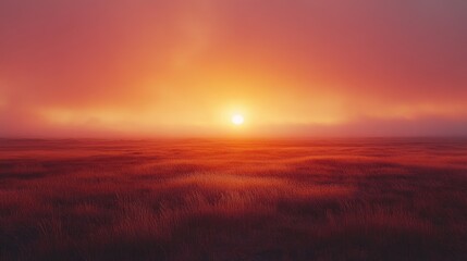 Fiery Sunrise Over a Tranquil Field of Grass with Soft Fog Creating an Ethereal Landscape