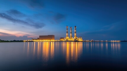 Obraz premium Illuminated oil and gas power plant showcases industrial architecture at night with a brilliant blue sky providing a stunning backdrop