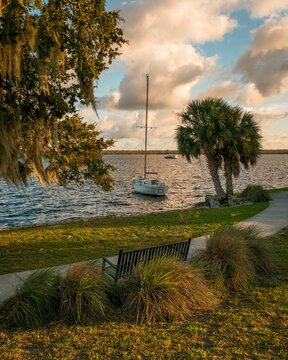 A sailboat rests on the water near a park bench and palm tree at Boathouse Riverfront Park, Palatka, Florida