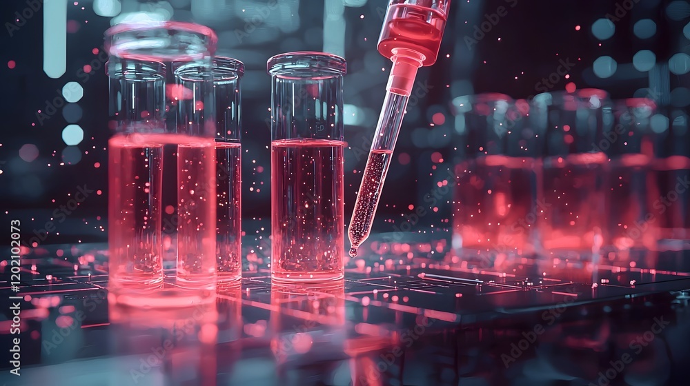 Poster scientific experiment concept with a pipette delivering liquid into test tubes showcasing a minimali