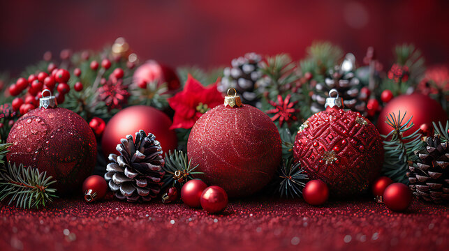 Christmas tree decorations on a red background with festive ornaments and holiday vibes