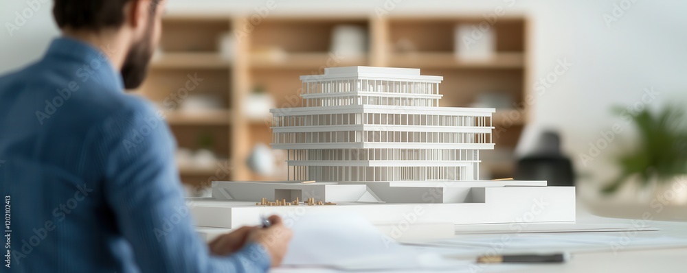 Poster a man examines a detailed architectural model of a modern building, surrounded by design materials i