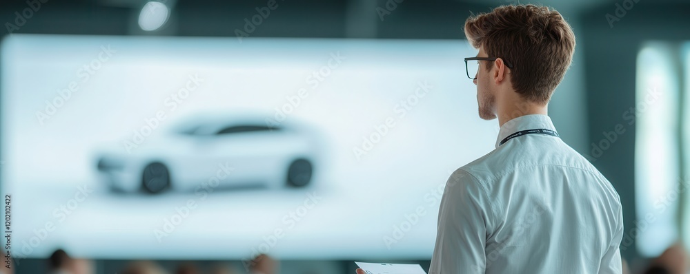 Poster a professional looking at a digital display featuring a white car, suggesting a presentation or auto