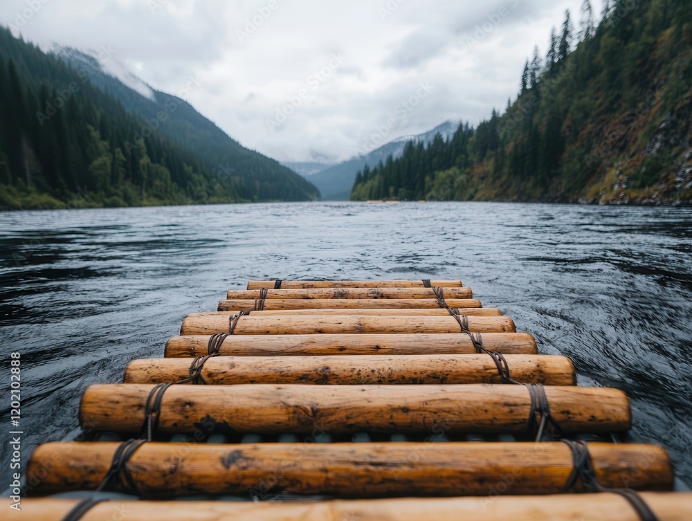Poster a wooden raft floats on calm waters, surrounded by lush green mountains under a cloudy sky, creating