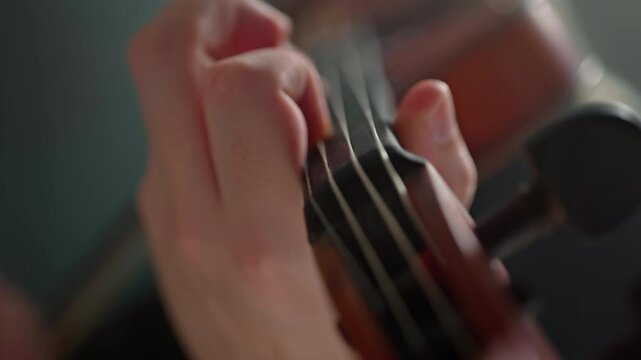 A professional musician plays the violin masterfully, demonstrating his skill and talent. Frame shows his hands close-up, creating a unique melody and conveying the full depth of emotion of the piece.