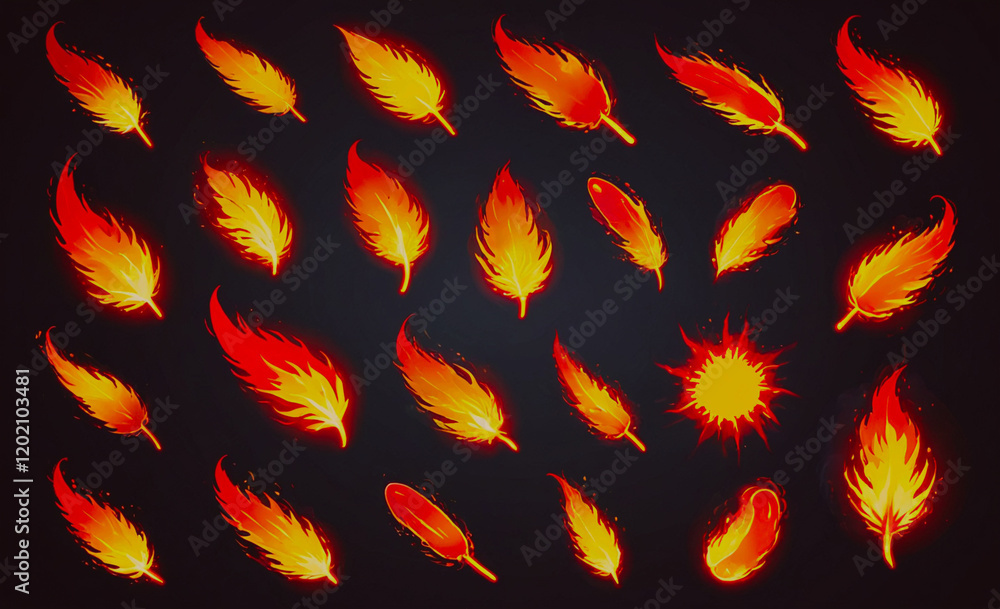 Poster A collection of fire-like feathers in various sizes and orientations. The feathers are all red and appear to be glowing, giving the impression of flames. Concept of warmth and energy