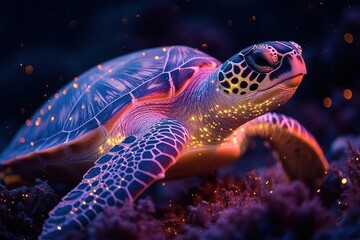 Fototapeta premium enchanting underwater carnival with bioluminescent sea turtles gliding through arches of swaying coral, trailing ribbons of phosphorescent plankton