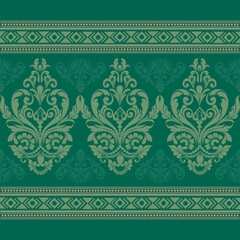 Elegant Damask Pattern with Ornate Floral Motifs and Decorative Borders. seamless design features a sophisticated blend of vintage-inspired elements and modern aesthetics	