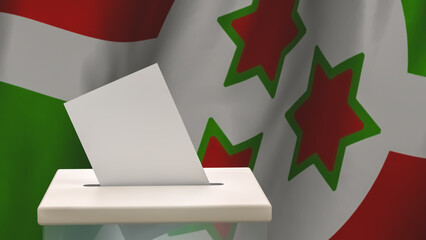 Blank ballot with space for text or logo is dropped into the ballot box against the background of the flag of Burundi. Election concept. 3D rendering. Mock up
