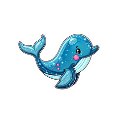 Playful Blue Whale Cartoon: An adorable cartoon whale, blue with light pink cheeks and white polka dots, swims playfully.