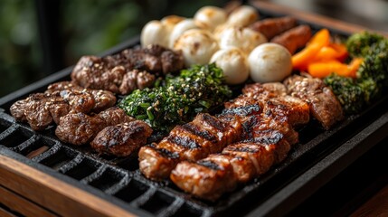 A tantalizing close up of a grill with various meats and grilled vegetables perfectly seasoned and ready to be served