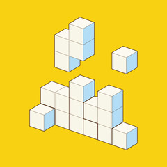 Crystal cube. 3D building block set. Isometric blocks. Abstract construction from isometric blocks shapes. The concept of logical thinking, geometric shapes. Vector Illustration