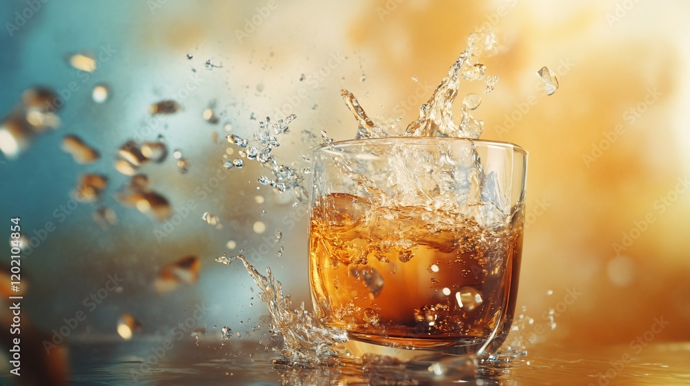 Poster Whiskey splashing in glass with ice on gradient background