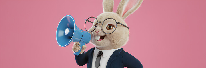 Easter bunny making a sales or promotional announcement in a megaphone