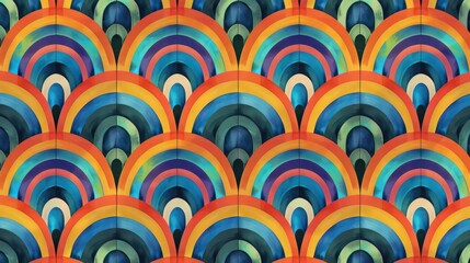 Retro 70s geometric pattern with green and orange semicircles. Vintage seamless abstract background in art deco style