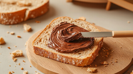 Nutella being spread with a knife onto a slice of artisan sourdough bread, crumbs scattered around