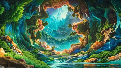 Colorful surreal cave landscape with mountains stream lush vegetation and ethereal light