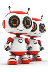 Friendly Red and White Robots with Big Eyes in a Playful Stance