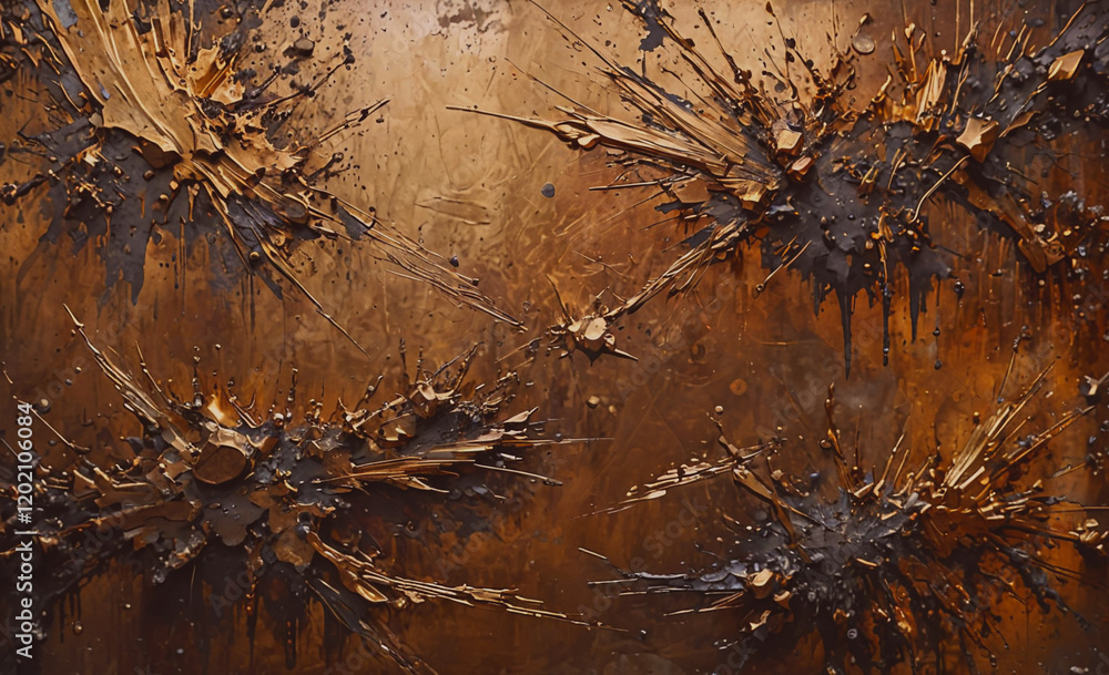 Poster A painting of a gold and brown background with splatters of paint. The splatters are in various sizes and shapes, creating a sense of chaos and disorder. The painting seems to be abstract and may