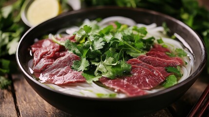 Image of rice and Vietnamese pho with beef slices and fresh herbs in a traditional bowl, emphasizing aromatic and savory qualities. Ideal for Vietnamese cuisine and comfort meals.