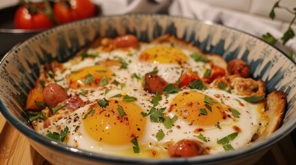 hearty breakfast with fried eggs and sausages