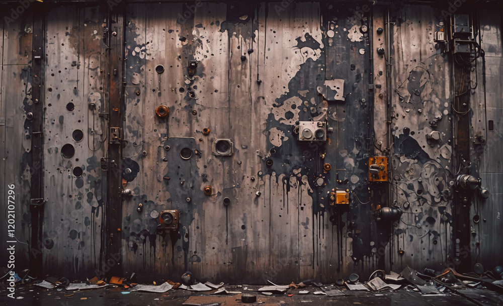Poster a wall with many holes and a lot of paint splatters. the wall is old and has a lot of rust