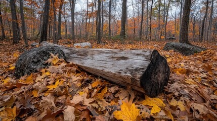 Fallen log in autumn forest with yellow leaves. (1)
