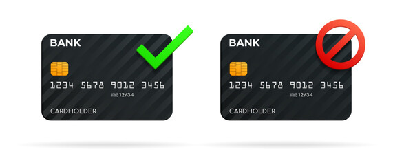 Credit or debit bank card with check mark and prohibition sign, vector illustration. Opening or closing a bank account.  