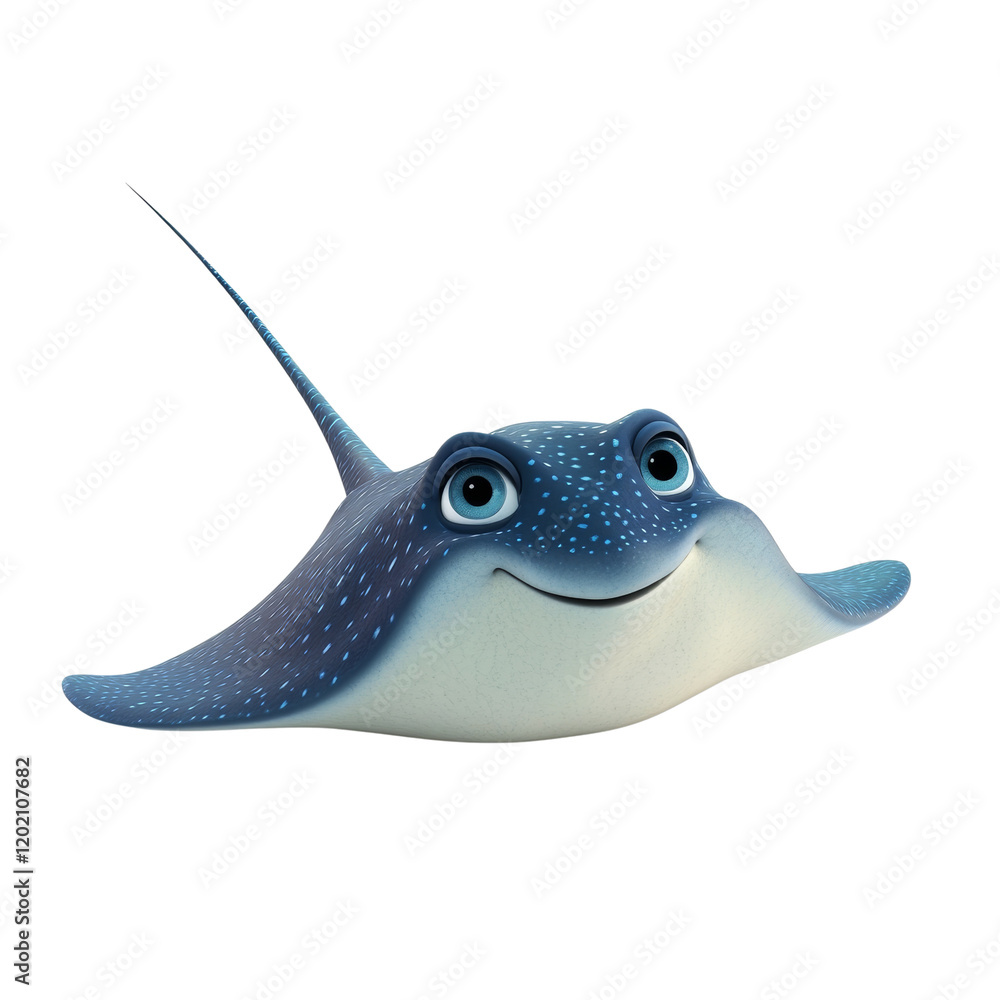 Poster a cheerful cartoon stingray with blue spots is depicted in a 3d rendering against a white background