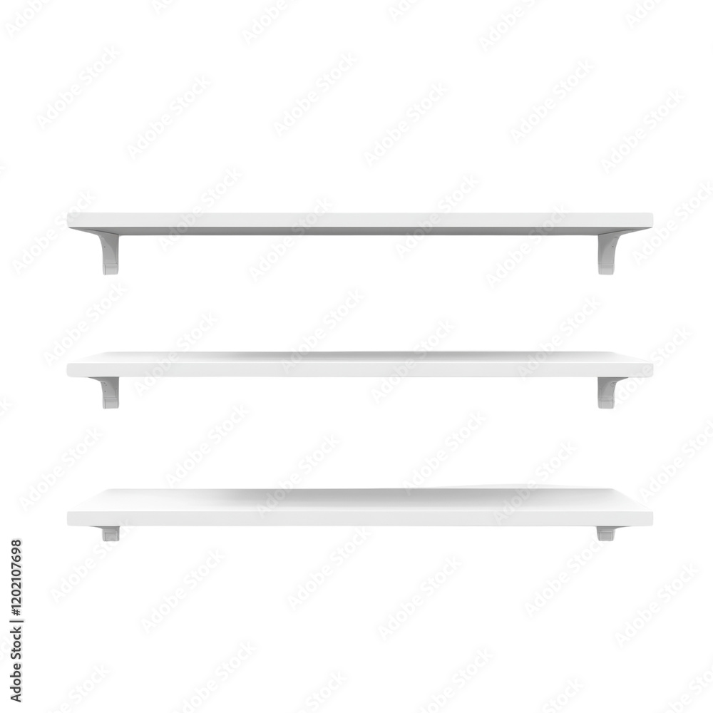 Poster the image shows three empty white shelves neatly mounted on a white wall providing a clean and minim