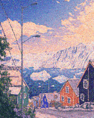 Naklejka premium Ilulissat Greenland Travel Poster Flat Illustration Print Decor Gift Canvas Wall Art Vector Pointillism