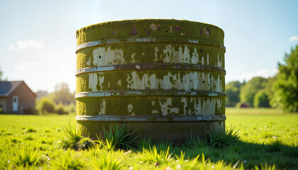 Obraz premium Moss-covered rainwater harvesting tank in countryside, ecological preservation
