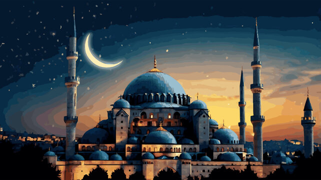 Sultan of eleven months, the climate of peace, welcome, the city of Ramadan, Vector Islamic Background. Welcome Ramadan Month (Turkish Hosgeldin Ya Sehri Ramazan, imsakiye), istanbul silhouette of Blu