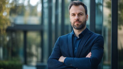 Fototapeta premium Confident businessman posing with folded arms in front of office building